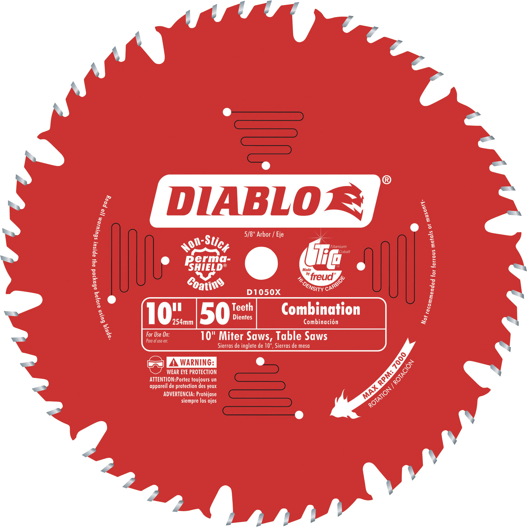 Diablo Combination Circular Saw Blade, 10in., 50 Tooth, For Crosscuts & Rip Cuts in Wood, Plywood, Melamine, Model# D1050X